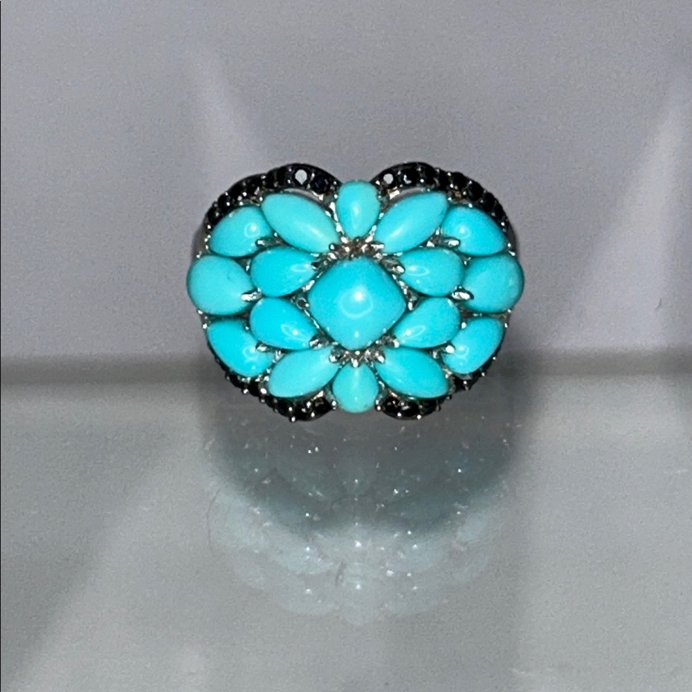 NWOT Sterling Silver Genuine Sleeping Beauty Turquoise Black Spinel Ring Boho